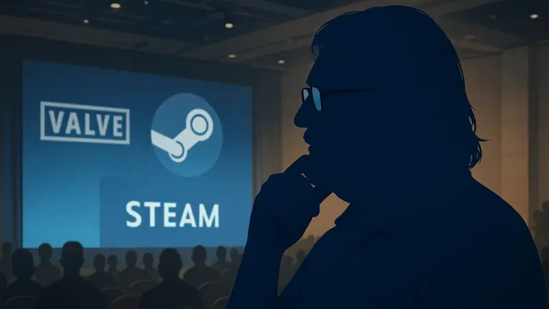 Гейб Ньюэлл, сооснователь Valve и Steam, на конференции, размышляющий о будущем игровой индустрии.
