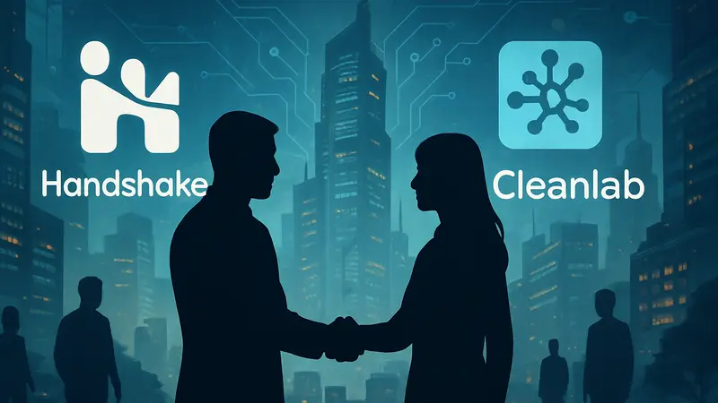 Логотипы Handshake и Cleanlab, символизирующие слияние компаний в области искусственного интеллекта.