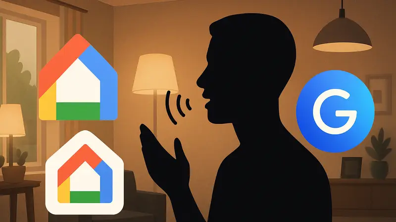 Иконка Google Home и логотип Gemini AI, символизирующие улучшенное голосовое управление умным домом.