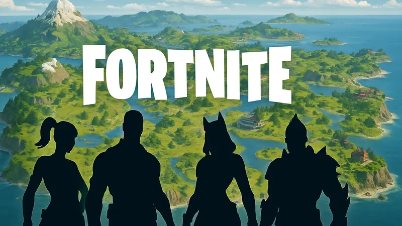 Логотип Fortnite и персонажи на фоне карты 7 сезона