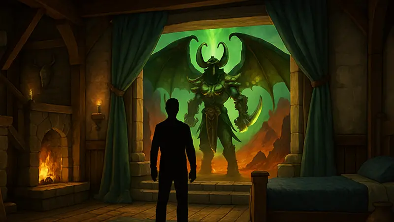 Скриншот внутриигрового дома World of Warcraft с воссозданным экраном загрузки The Burning Crusade.
