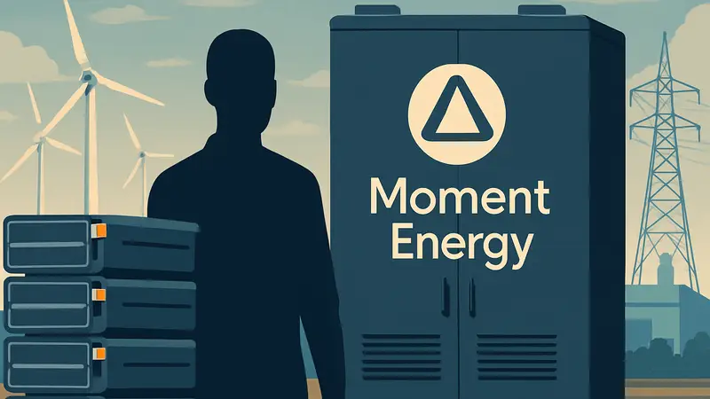 Логотип Moment Energy на фоне аккумуляторов электромобилей и объектов энергетической инфраструктуры.