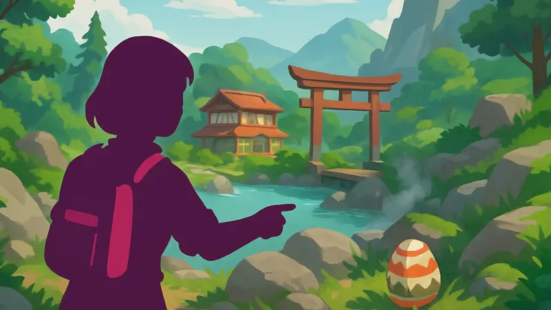 Игрок Heartopia исследует живописную локацию в поисках спрятанных яиц, игровая графика.