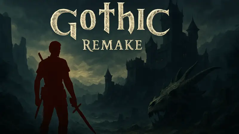 Логотип Gothic Remake на фоне тёмного фэнтезийного мира с главным героем.