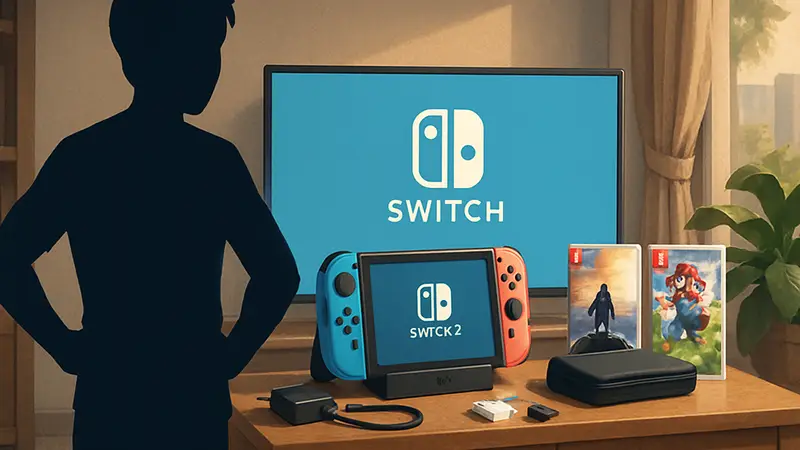 Изображение концепта Nintendo Switch 2 с аксессуарами и стартовыми играми.