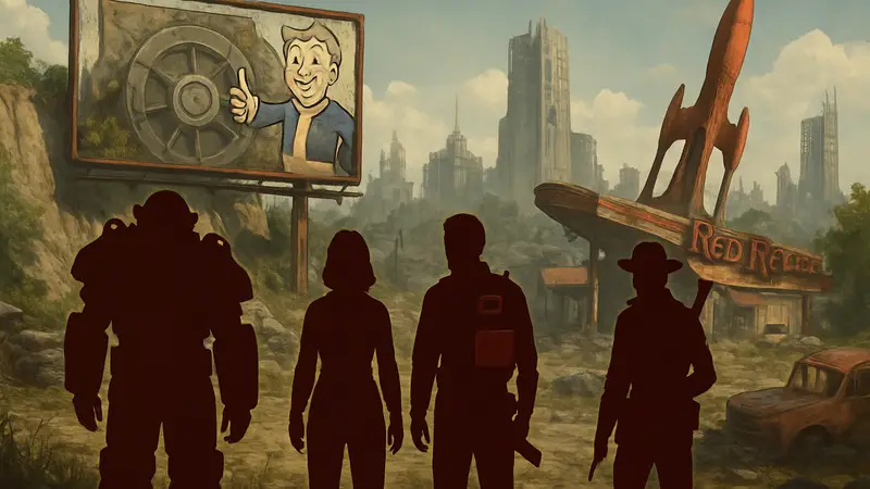Главные герои сериала Fallout из второго сезона на фоне знаковых мест из игры.