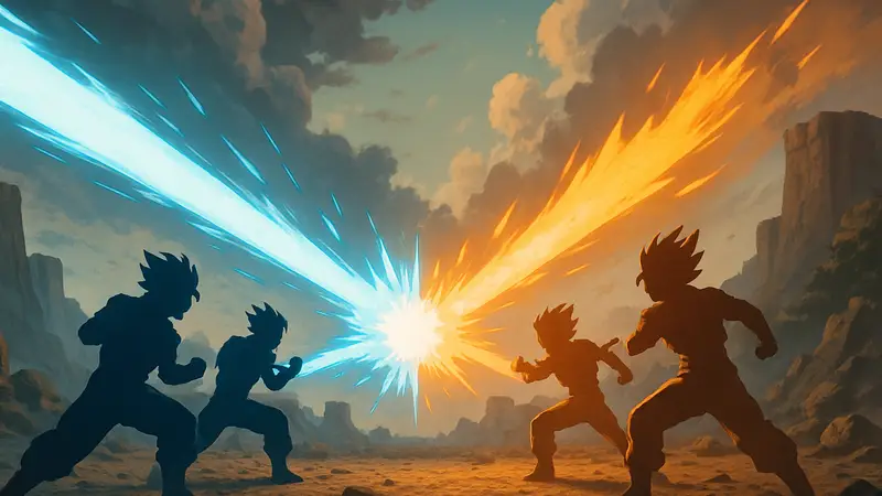 Аниме-персонажи Dragon Ball используют лучевые атаки в эпичной битве с яркими эффектами.