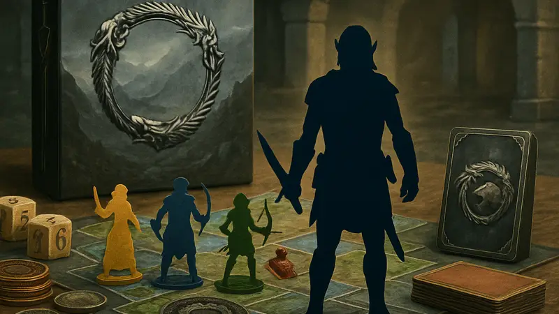 Игровые компоненты настольной игры The Elder Scrolls: Betrayal of the Second Era с символикой TES.