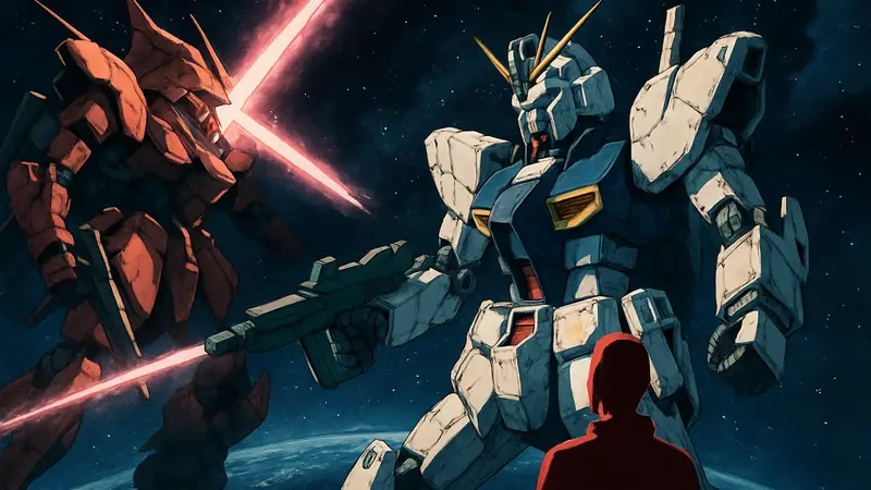 Постер Mobile Suit Gundam: Char’s Counterattack, гигантские мехи в космосе, аниме фильм 1988.