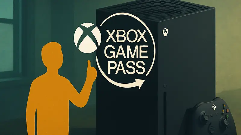 Логотип Xbox Game Pass на фоне консоли Xbox, символизирующий доступную подписку.