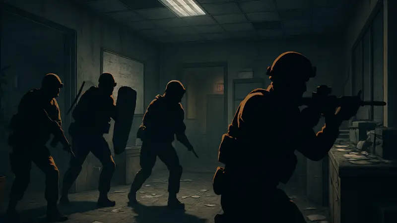 Игровой скриншот из Ready or Not: команда SWAT в помещении, выполняющая миссию "No Good Deed"