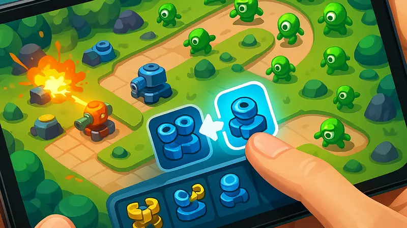 Игровой процесс Evo Defence: Merge TD на мобильном устройстве, показывающий слияние элементов.