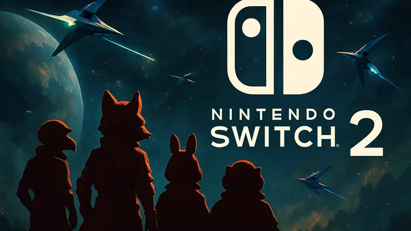 Кадр из игры Star Fox с космическими кораблями на фоне логотипа Nintendo Switch 2