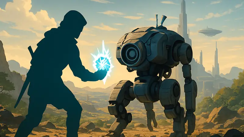 Игрок Crimson Desert добывает Электрический компонент из робота-сборщика, футуристический пейзаж