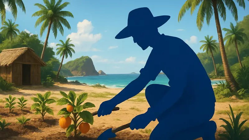 Скриншот из игры Starsand Island с персонажем, занимающимся садоводством на тропическом острове