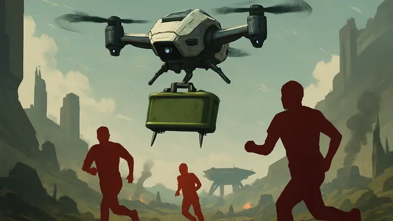 Игровой скриншот из Marathon с дроном, к которому прикреплена мина «Клеймор», летящим над полем боя.
