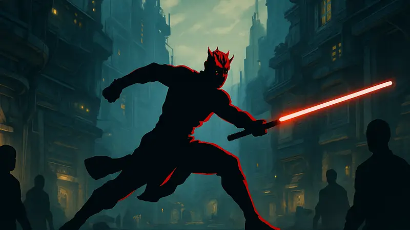 Дарт Мол в динамичной позе из сериала Star Wars: Maul — Shadow Lord, подчеркивающий его возвращение.
