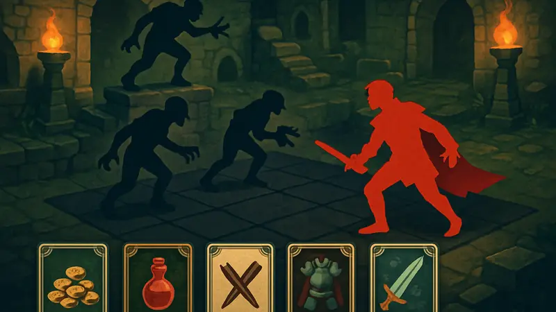Изображение игрового процесса Vampire Crawlers с карточками и полем боя.