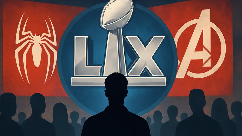 Эмблема Super Bowl LX на фоне логотипов Marvel, символизирующая ожидание трейлеров.