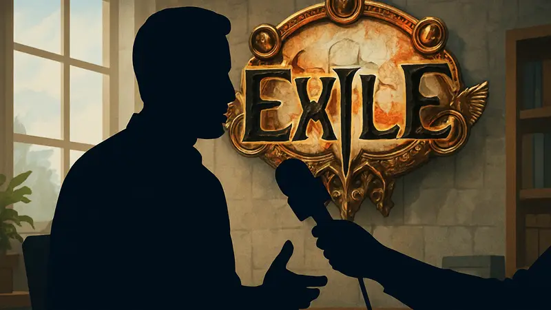 Логотип Path of Exile или изображение человека, дающего интервью, символизирующее бывшего главу Grinding Gear Games
