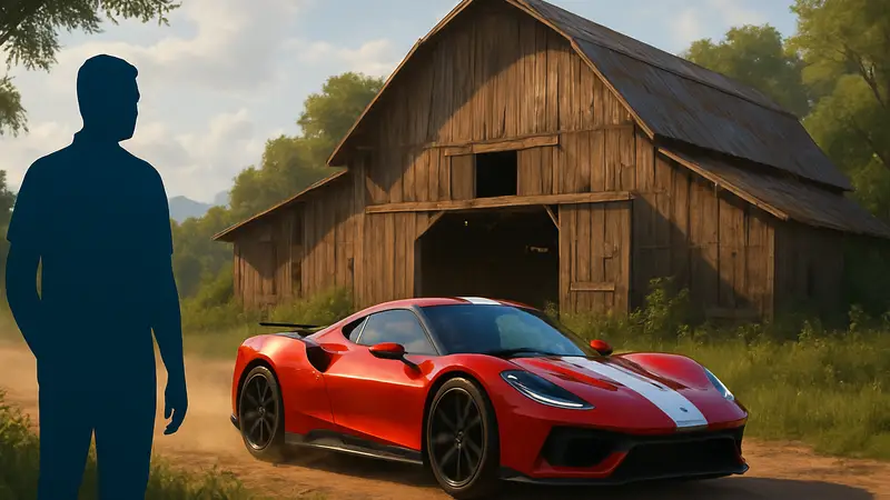 Скриншот из Forza Horizon 6 с игровым автомобилем, проезжающим мимо старого амбара