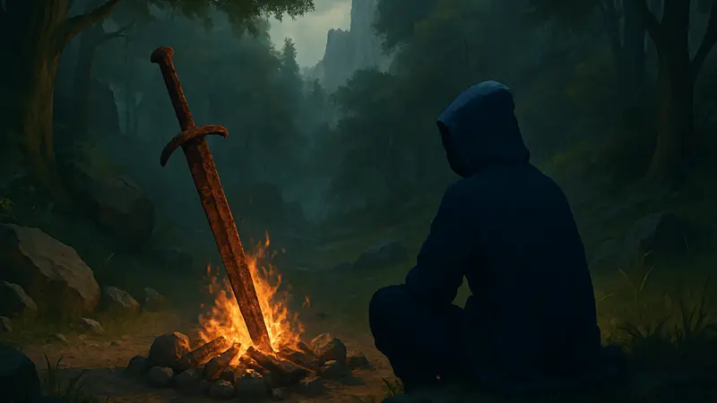 Ржавый Клинок Великого Джерри, найденный в игре Neverness to Everness (NTE), рядом с костром.