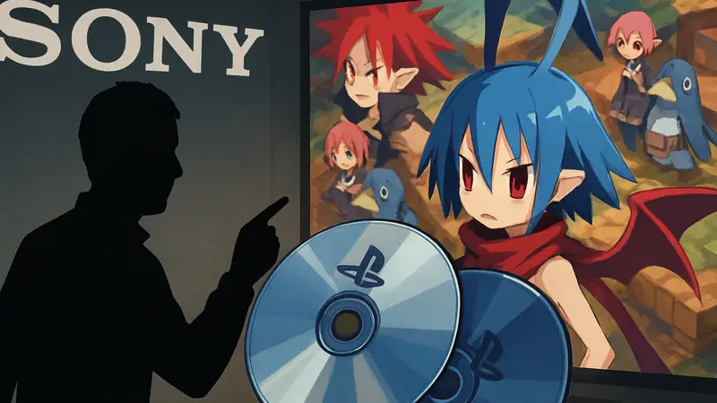 Диски с играми PlayStation на фоне логотипа Sony и скриншота из Disgaea, символизирующие конфликт интересов.