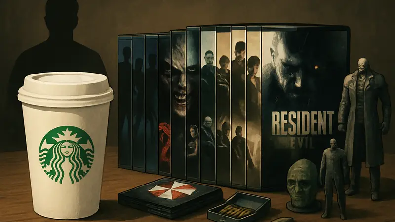 Чашка кофе Starbucks рядом с полной коллекцией игр и мерча Resident Evil, иллюстрирующая сравнение стоимости.