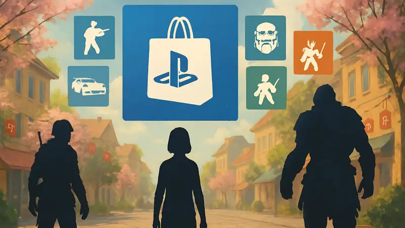 Логотип PlayStation Store и иконки игр на фоне весенней распродажи со скидками.