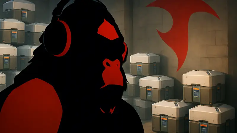 Игровой персонаж Уинстон из Overwatch с наушниками, на фоне лутбоксов и символики фракции Talon.