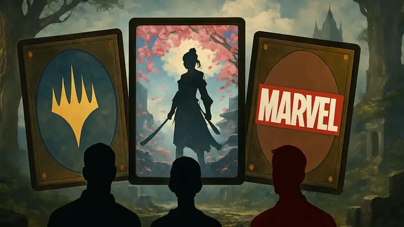Изображение карт Magic The Gathering с логотипами Nauctis, Kamigawa, Marvel.