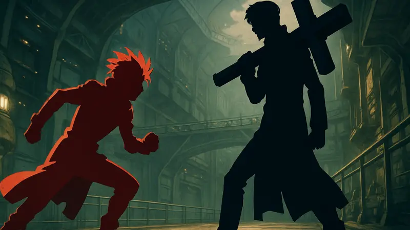 Кадр из аниме TRIGUN STAMPEDE с Вашем и Вульфвудом, готовящимися к схватке.