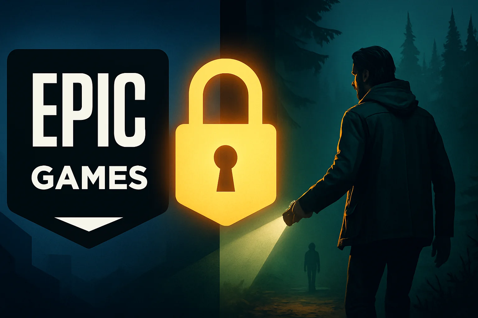 Логотип Epic Games и иллюстрация из игры Alan Wake 2, символизирующая эксклюзивность платформы.