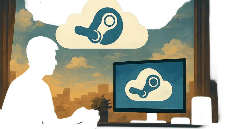Логотип Steam Machine, символизирующий облачные сохранения и удобство игрового процесса.