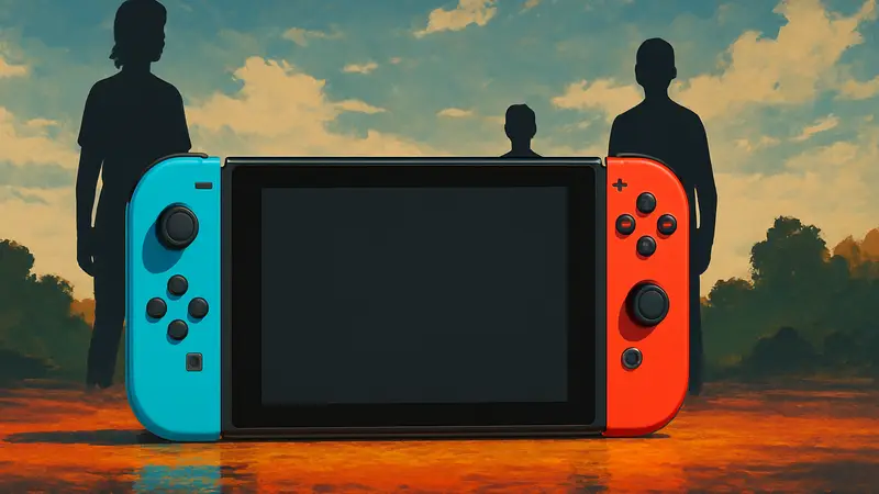 Консоль Nintendo Switch с геймпадами Joy-Con на ярком фоне.