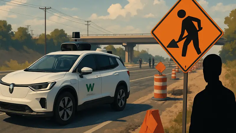 Роботакси Waymo на дороге, рядом с дорожным знаком, предупреждающим о строительных работах.