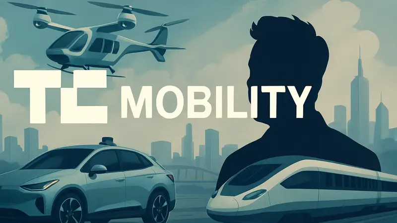 Логотип TechCrunch Mobility на фоне футуристического транспорта и силуэта Илона Маска.
