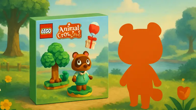 Изображение нового набора LEGO Animal Crossing с Томом Нуком и летающим подарком, символизирующего доступный мерч.