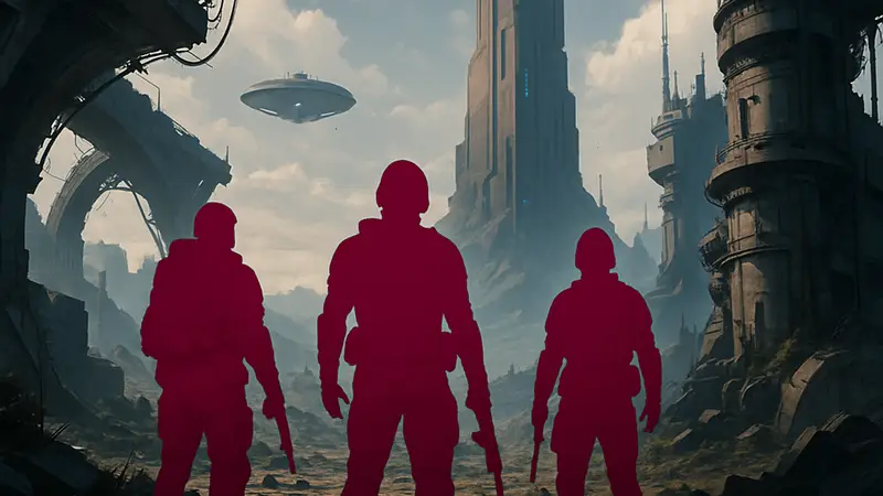 Кадр из трейлера Fragmentary Order, демонстрирующий научно-фантастический сеттинг и персонажей.