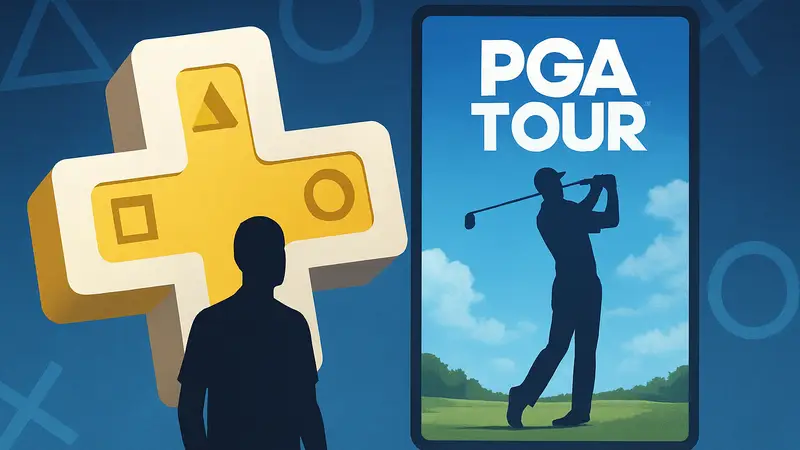 Логотип PS Plus Essential и обложка игры PGA Tour на фоне значков PlayStation.