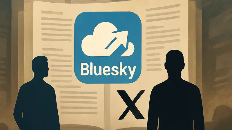 Логотип Bluesky с фоном, символизирующим длинные тексты и публикации, конкуренция с X