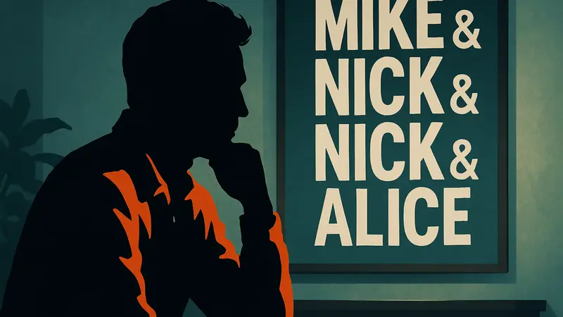 Режиссер БенДэвид Грэбински, задумчивый, на фоне логотипа фильма Mike & Nick & Nick & Alice. Интервью о концепции фильма.