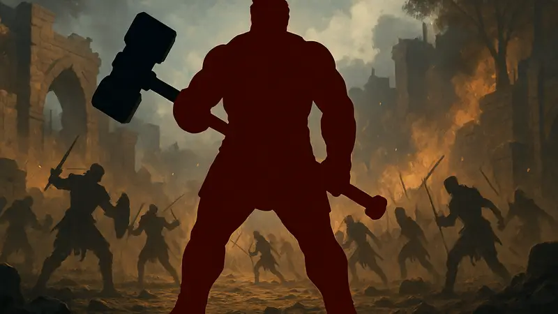 Мощный персонаж с двуручным молотом на фоне битвы в RPG, символизирующий силовые билды