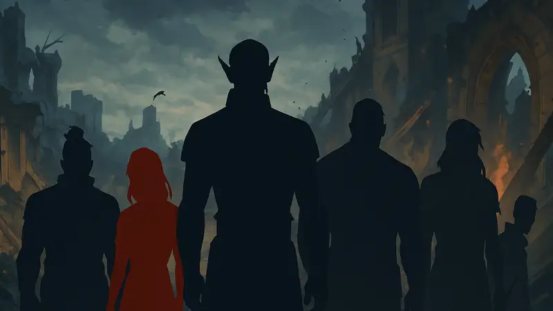 Герои Legend of Vox Machina с мрачными выражениями лиц на фоне разрушений в трейлере 4 сезона.