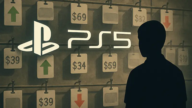 Логотип PlayStation 5 на фоне ценников, символизирующих динамическое изменение цен.