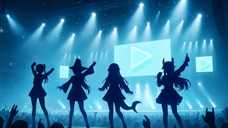 Виртуальные ютуберы Hololive English на сцене во время концерта, ярко освещённые и выступающие.