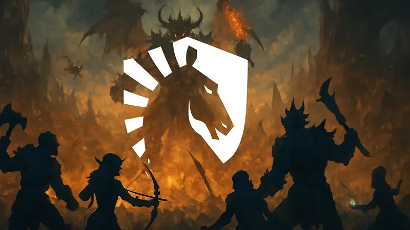 Логотип Team Liquid на фоне эпической битвы из World of Warcraft: Race to World First.