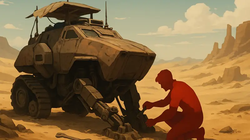 Ремонт Трамплера в игре Sand: Raiders of Sophie после повреждений в пустыне
