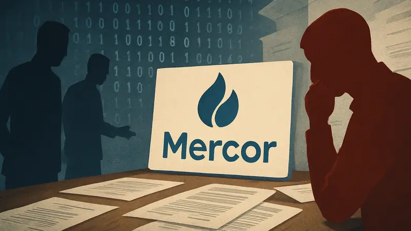 Логотип стартапа Mercor на фоне утечки данных или юридических документов.