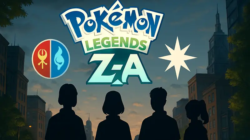 Логотип Pokémon Legends Z-A и символы, связанные с новыми поколениями Pokémon, готовящимися к анонсу.